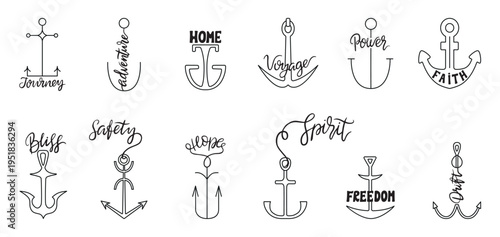 Anchor labels design. Decorative anchors with different phrases for design. Nautical style logo, sea ocean adventures, home symbols, neoteric vector set