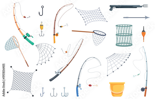 Fishing net and rod. Industrial fish catch equipment, nets, harpoon, rods, mesh underwater traps. Fisherman tools, hobby accessories, sapid vector set