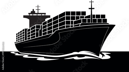 A black and white graphic illustration of a large container ship moving across the ocean water