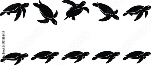 Set of sea turtle silhouettes including swimming hawksbill and green turtles for marine life conservation ocean wildlife and tropical nature designs