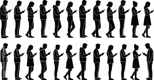 Set of silhouettes featuring men and women standing and walking while using smartphones, mobile phone addiction, and digital communication concepts