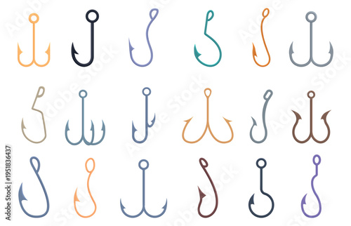 Fish hook. Cartoon fishing hooks, isolated equipment for fish catching. Metal plastic catch gears for outdoor hobby on river or sea, sapid vector icons