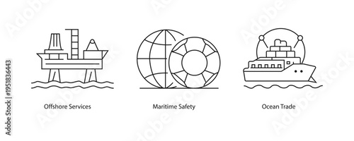 Offshore, Services, Maritime, Safety, Ocean, Trade icons. emergency, safety, hazard protection