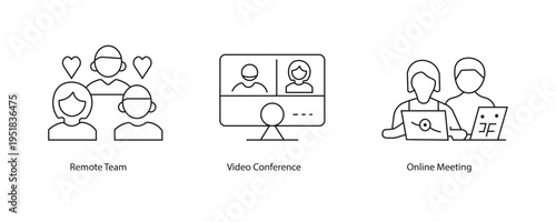 Remote Team, Video Conference, Online Meeting icons, business team, global, collaboration, online teamwork, distributed