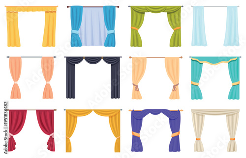 Window interior curtains. Textile decor for home, apartment windows or entrance. Silk, velvet drapery, airy transparent tulle. Room decorations, sapid vector set