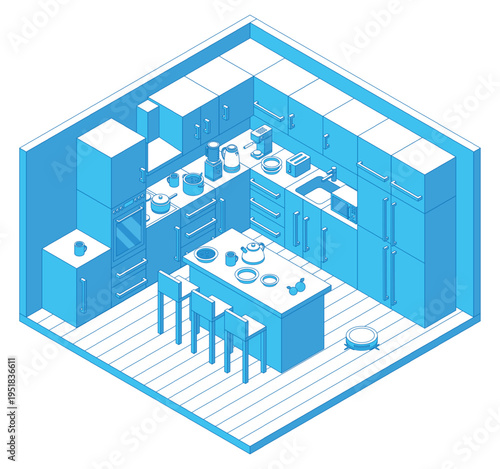 Isometric kitchen interior. Cooking area and dining room. 3d interior design with small appliances, cabinets, crockery. Living process, nifty vector concept