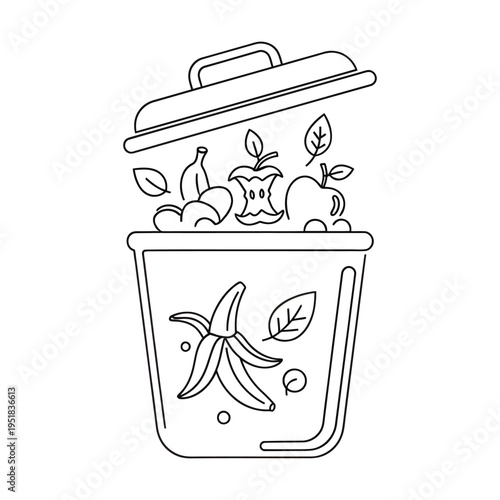 hand drawn compost bin with organic food waste and flower illustration