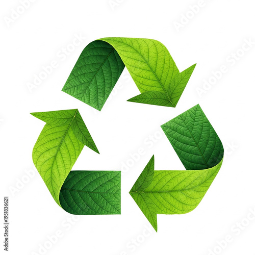 Recycling symbol made of green leaves forming arrows in a circular motion