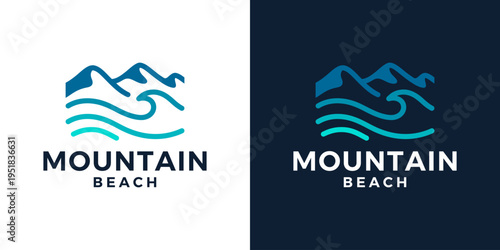 Mountain beach logo design. Mountain peak design graphic with sea vector illustration. Symbol, icon, creative.