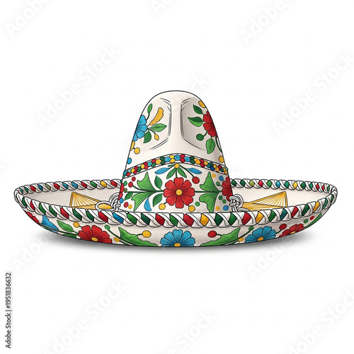 A colorful decorated sombrero hat with embroidered flowers and leaves on a white background