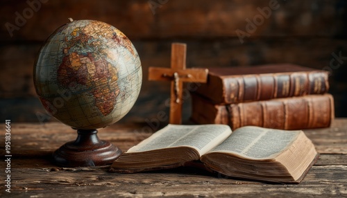 Bible And Globe On Wooden Table: Mission Christian Concept For The Great Commission. A Holy Bible With A Globe For Christian Mission.
