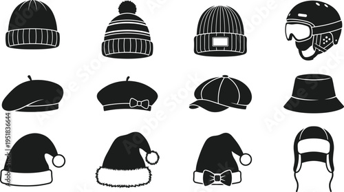 Set of winter hat icons including knitted beanies, berets, santa claus caps, ski helmets, bucket hats, and warm ushanka headwear silhouettes