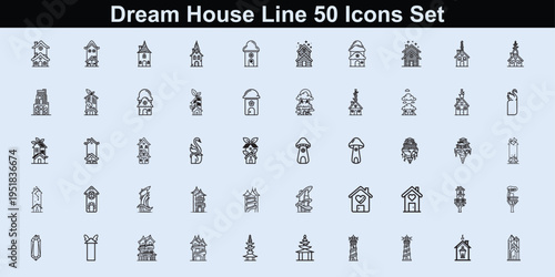 Dream house line icons set with various whimsical fantasy building designs
