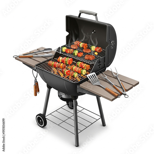 A barbecue grill with skewers of vegetables and meat on a table outdoors