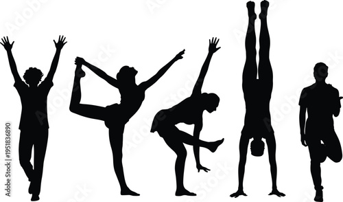 Yoga silhouette illustration, dancer pose icon, tree posture figure, handstand balance design, athletic flexibility graphic, meditation lifestyle set, strength movement outline