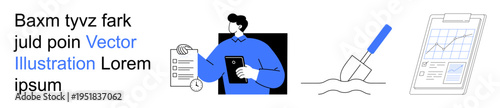 Business planning, data analytics, task management, research, productivity, teamwork. Man holding task checklist, clipboard with graph trowel digging ground. Data analytics and business planning