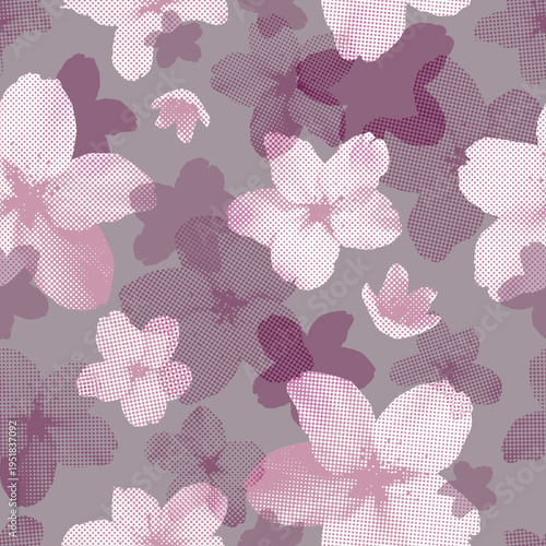 Seamless pattern of cherry blossoms in gray and pink tones with texture, pattern for fabric and other designs