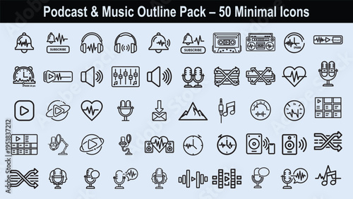 Podcast and music outline pack minimal icons for audio and media