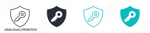 Security key icons, shield with key access symbol, data protection and encryption icon in line and silhouette style, vector illustration