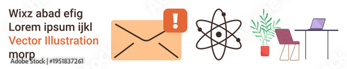 Communication, science, notifications, workspace organization, online connectivity, education. An envelope with an alert, atomic model and desk setup. Communication and science concept in a modern