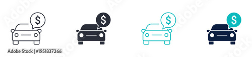 Car for sale icons, vehicle with price tag or dollar symbol, auto sales and car dealership icon in line and silhouette style, vector illustration