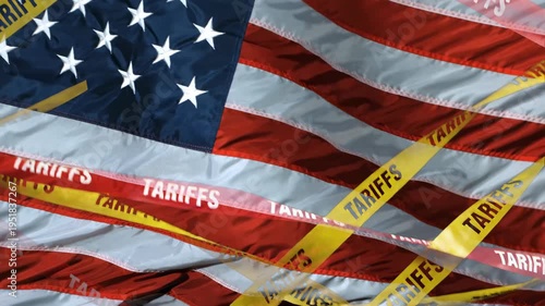 Red and yellow caution tape with tariff text crisscrossing in different directions against the American flag