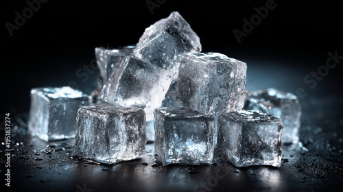 Pile of crystal clear ice cubes stacked on dark black background with high contrast lighting and fresh frozen texture
