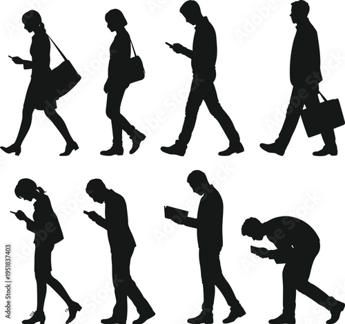 Walking silhouette figures, smartphone usage icons, mobile addiction illustration, texting while walking design, modern lifestyle posture, technology distraction graphic, digital device set