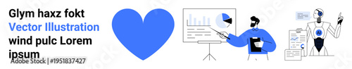 Data analytics, business growth, artificial intelligence, team collaboration, technology trends, emotional connection. Charts, analyst robot blue heart. Business growth and artificial intelligence