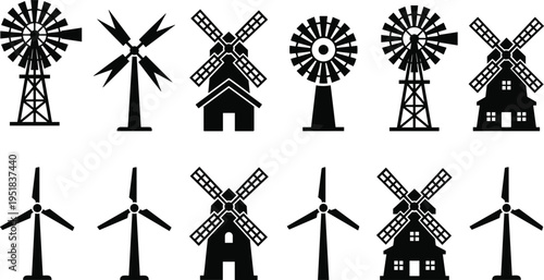 Set of windmill and wind turbine icons featuring traditional Dutch structures, rustic farm water pumps, and modern renewable energy power generators