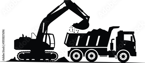 Construction silhouette illustration, excavator dumping soil into dump truck on mound, earthmoving machinery theme, vector art, black isolated bold design for industrial visuals