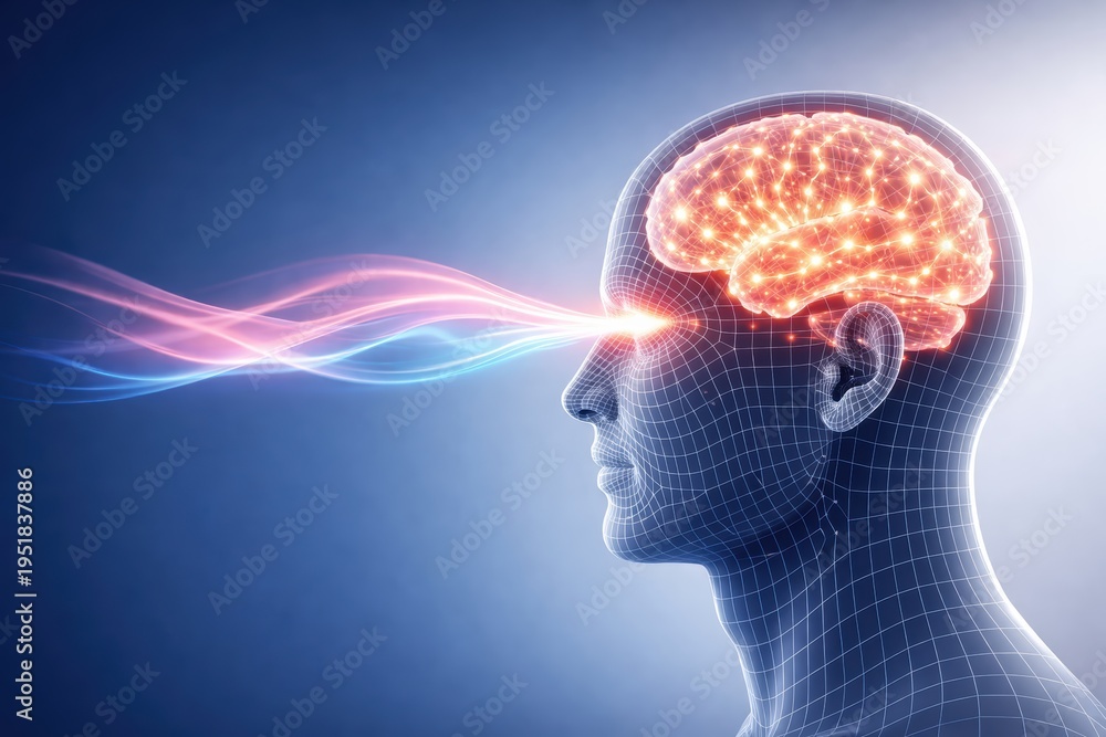 Fototapeta premium Mental Vision: An artistic rendering of a human head, overlaid with a digital wireframe, the glowing brain, and emanating radiant energy streams.