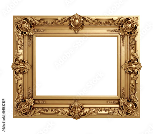 Ornate antique gold picture frame mockup baroque carvings display showcase white background elegant