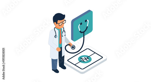 Doctor using stethoscope on tablet screen.