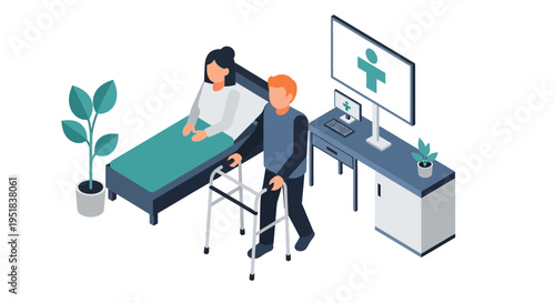 Man with crutches helping woman recover.