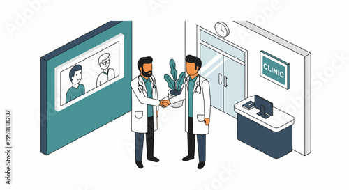 Two doctors shaking hands in office.