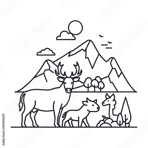 line drawing of deer and fawn with mountains