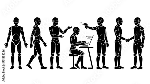 Futuristic Humanoid Robot Pack Silhouette Set in 6 Poses Black Vector Isolated on White
