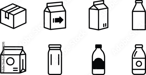 A set of vector line art silhouettes of milk cartons and bottles in various shapes and sizes