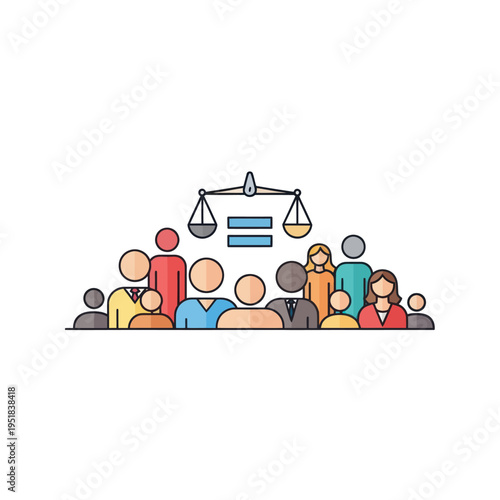 Diverse people with scales of justice and equality symbol