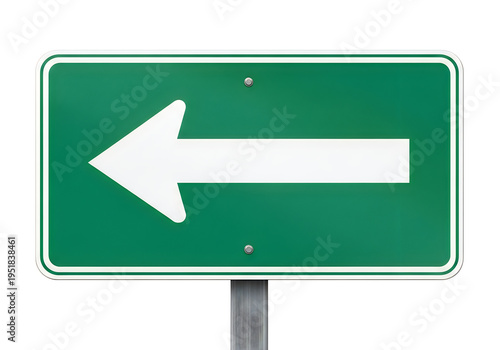 Green directional road sign with white arrow pointing left