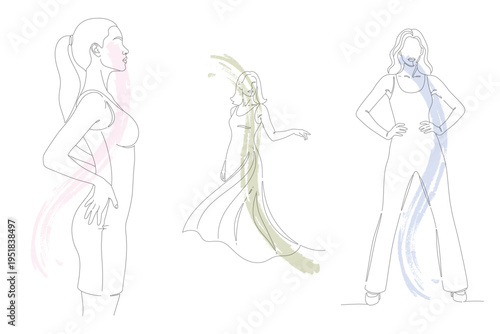 Elegant Women Figures: Hand-Drawn Continuous Line Art Vector Illustration Set, Minimalist Fashion Design Elements