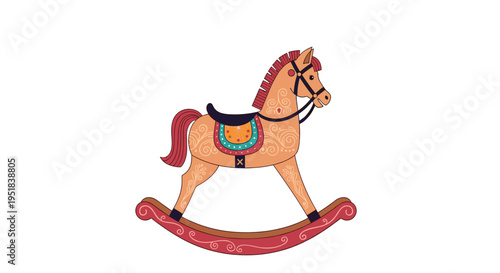 Decorative wooden rocking horse toy with intricate floral patterns and a colorful saddle for children nurseries.