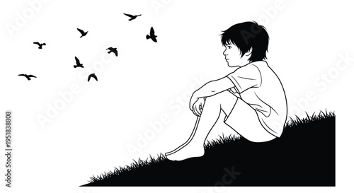 A young boy sits thoughtfully in a field surrounded by flying birds