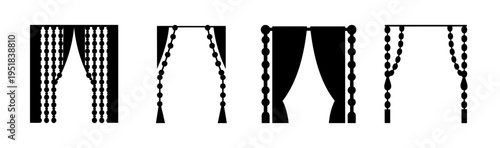 Set of 5 curtain icons vector, black and white window drapes