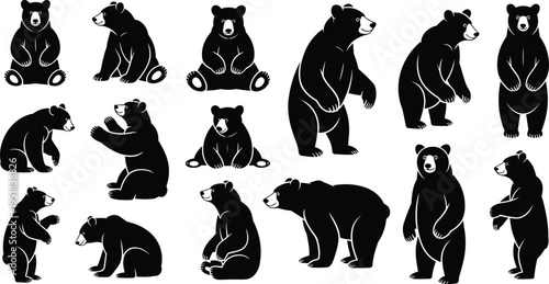 Black bear silhouette set with various poses, grizzly bear icons, standing, sitting, walking predators, wild animal vector illustrations for nature designs.