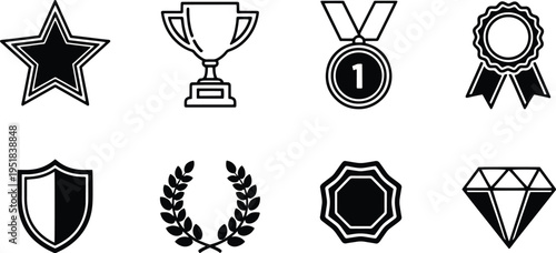 A set of vector line art silhouettes featuring award and achievement icons in black on white background