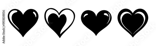 Set of 4 heart icons vector, black