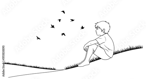 A young boy sits on a grassy hill gazing upwards at flying birds