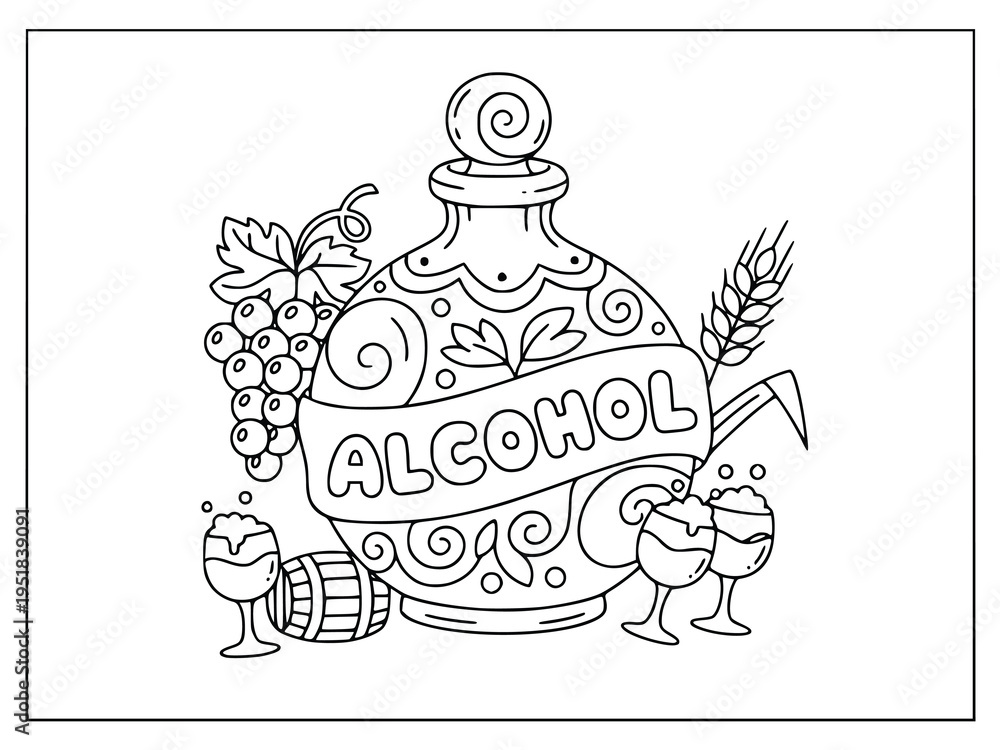 Fototapeta premium Cocktail coloring page with a drink glass and a bottle on a wooden table